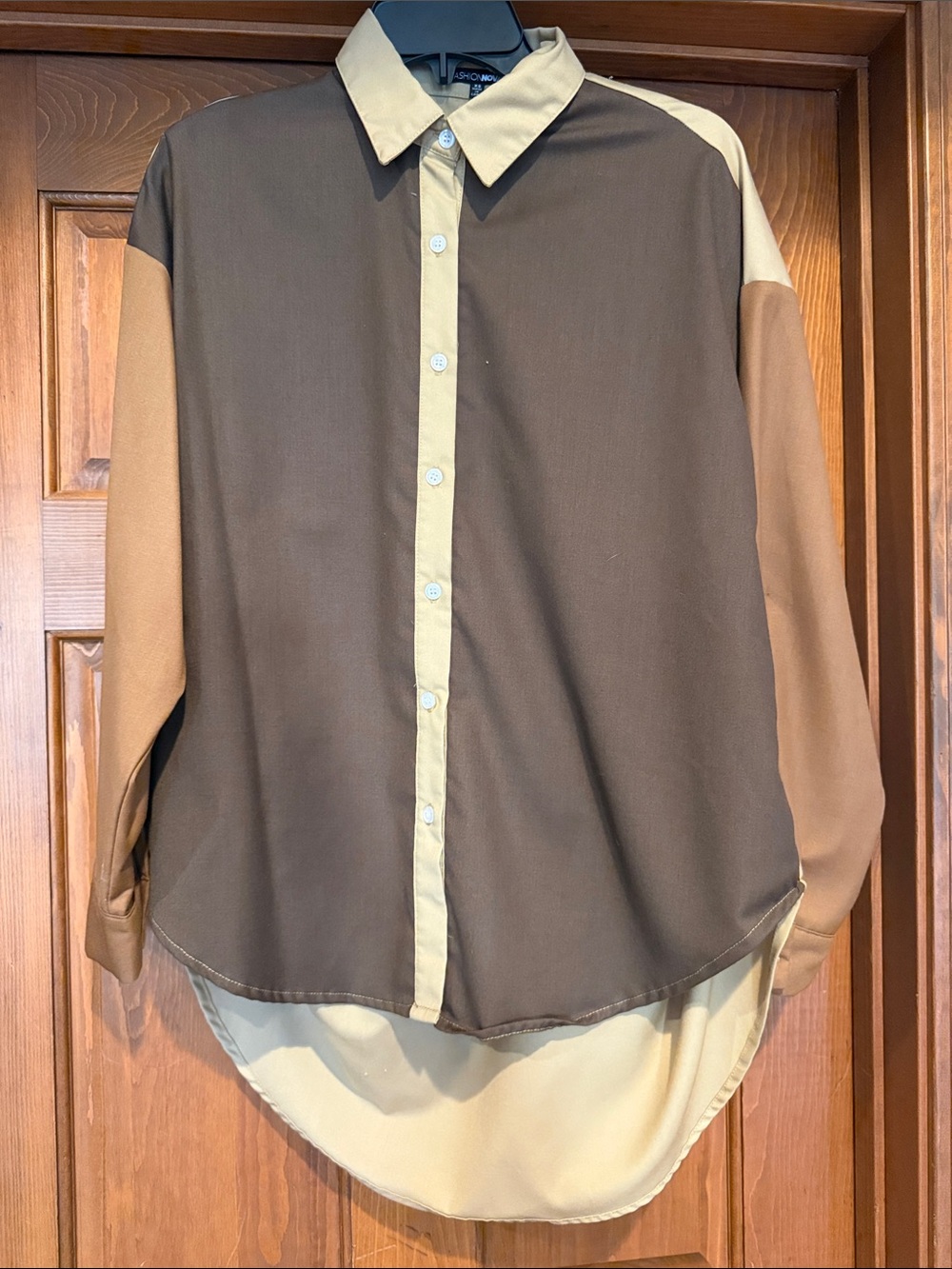 Fashion Nova Brown and Cream Colorblock Button-Down Shirt